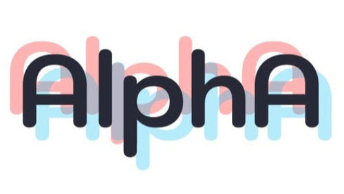 The word 'Alpha' with a colorful gradient on a light background